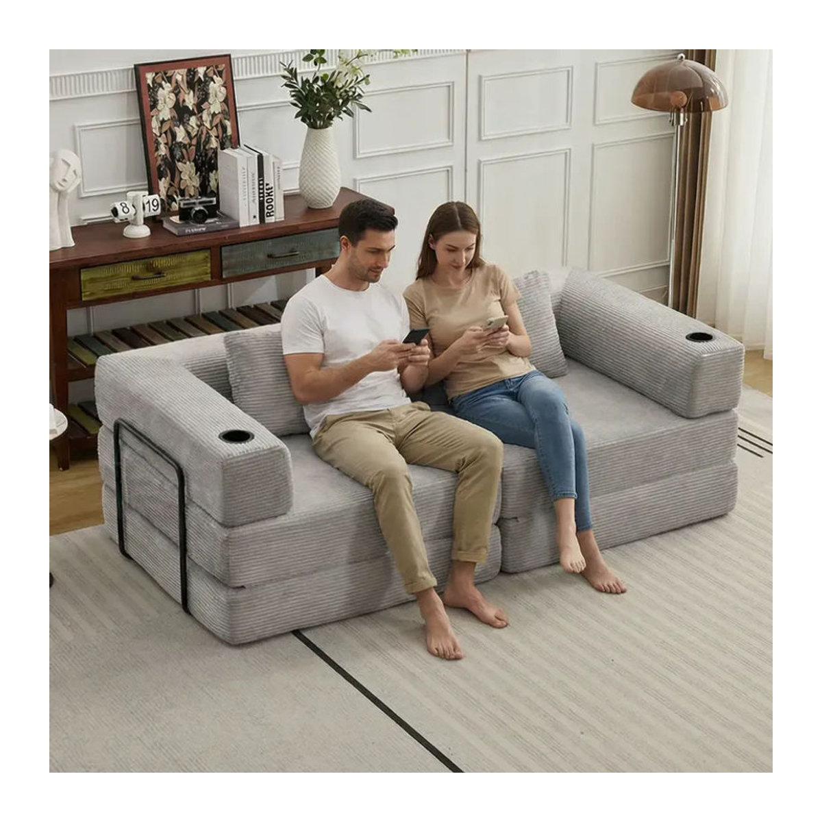 Vankel 2-Sitzer Schlafsofa aus Cord in Grau, modernes konvertierbares Bodensofa ohne Montagebedarf - Bild 2