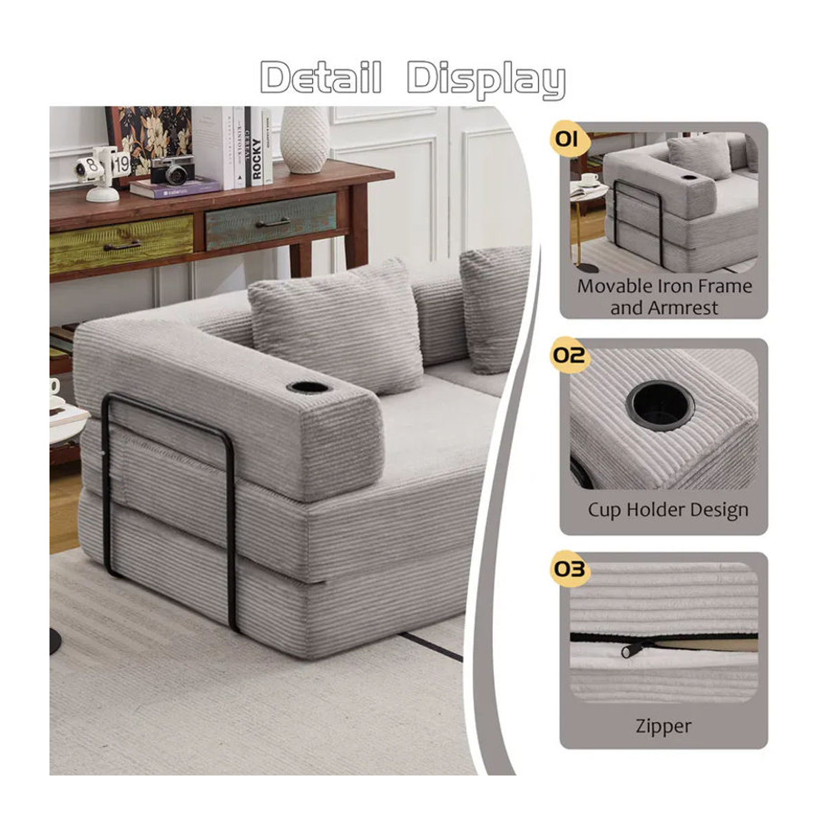 Vankel 2-Sitzer Schlafsofa aus Cord in Grau, modernes konvertierbares Bodensofa ohne Montagebedarf - Bild 3