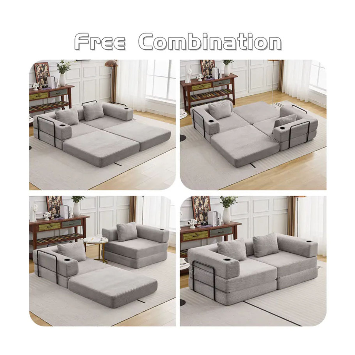Vankel 2-Sitzer Schlafsofa aus Cord in Grau, modernes konvertierbares Bodensofa ohne Montagebedarf - Bild 4
