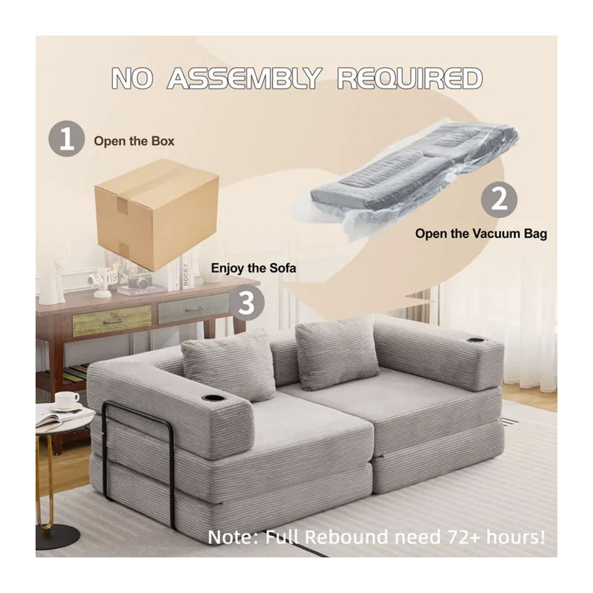 Vankel 2-Sitzer Schlafsofa aus Cord in Grau, modernes konvertierbares Bodensofa ohne Montagebedarf - Bild 5
