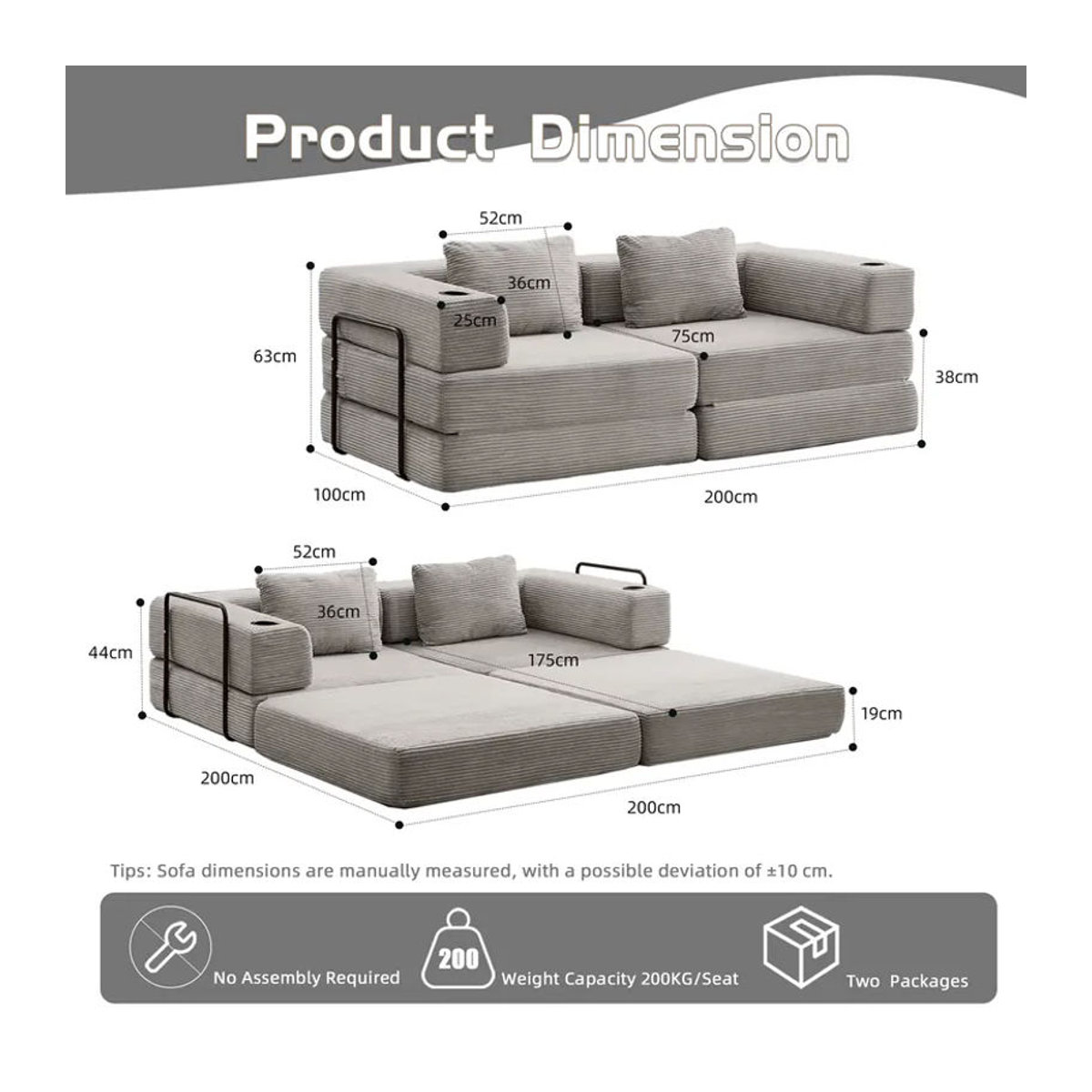 Vankel 2-Sitzer Schlafsofa aus Cord in Grau, modernes konvertierbares Bodensofa ohne Montagebedarf - Bild 6