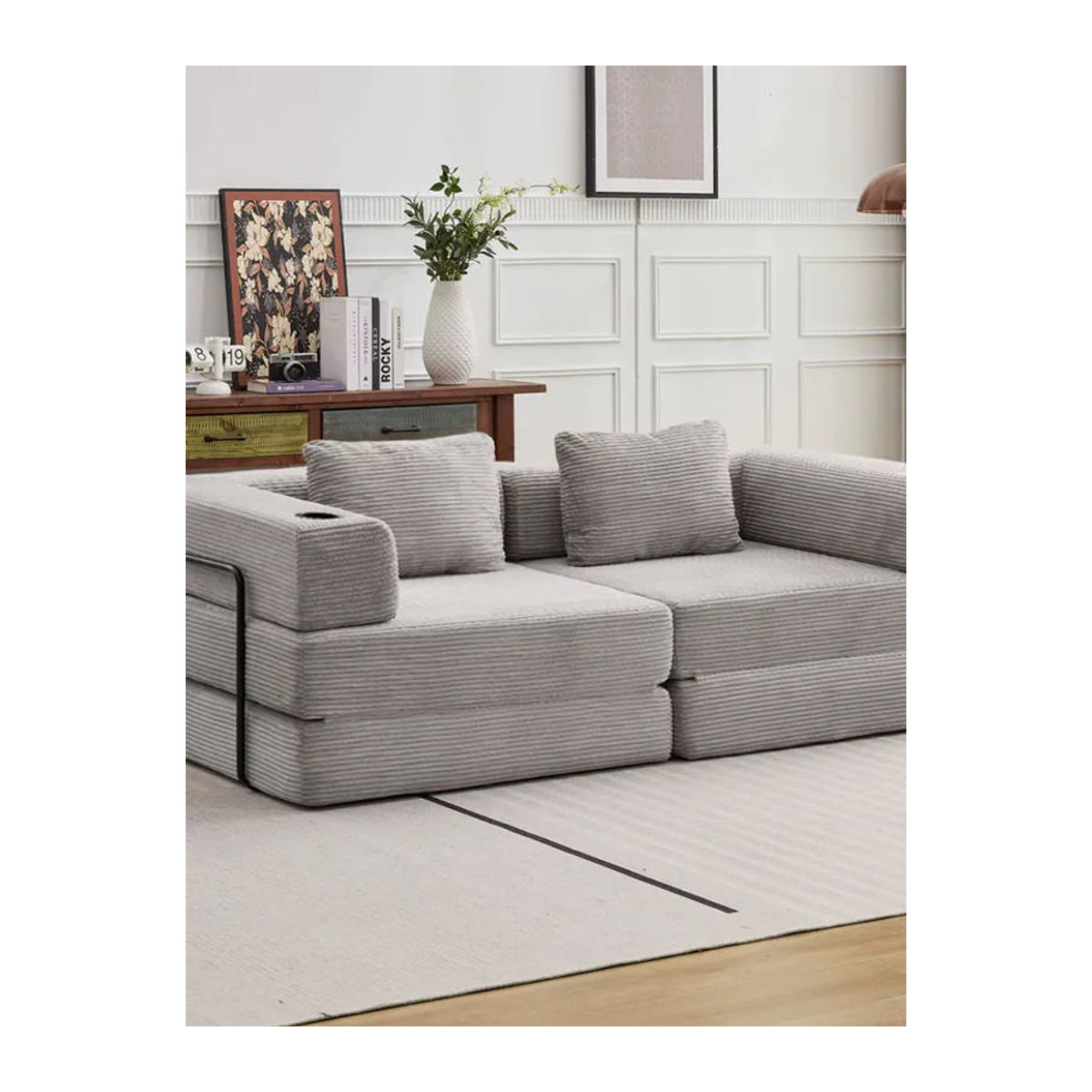 Vankel 2-Sitzer Schlafsofa aus Cord in Grau, modernes konvertierbares Bodensofa ohne Montagebedarf - Bild 7