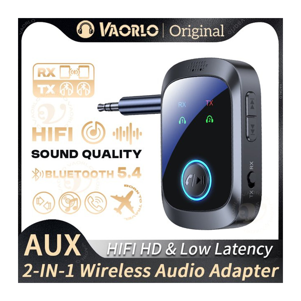 VAORLO 2-in-1 Bluetooth 5.4 Audio-Adapter Schwarz – Multipoint Dual-Stream Sender und Empfänger mit 3,5-mm-AUX, geringer Latenz und Mikrofon für TV, PC und Kopfhörer - Bild 1