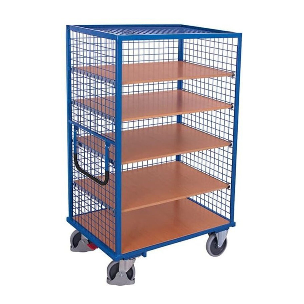 VARIOfit Drahtgitter-Etagenwagen mit 5 Ladeflächen in Blau und Buche-Dekor, Stahl und MDF-Platte, B: 124,5 cm, T: 78,5 cm - Bild 1