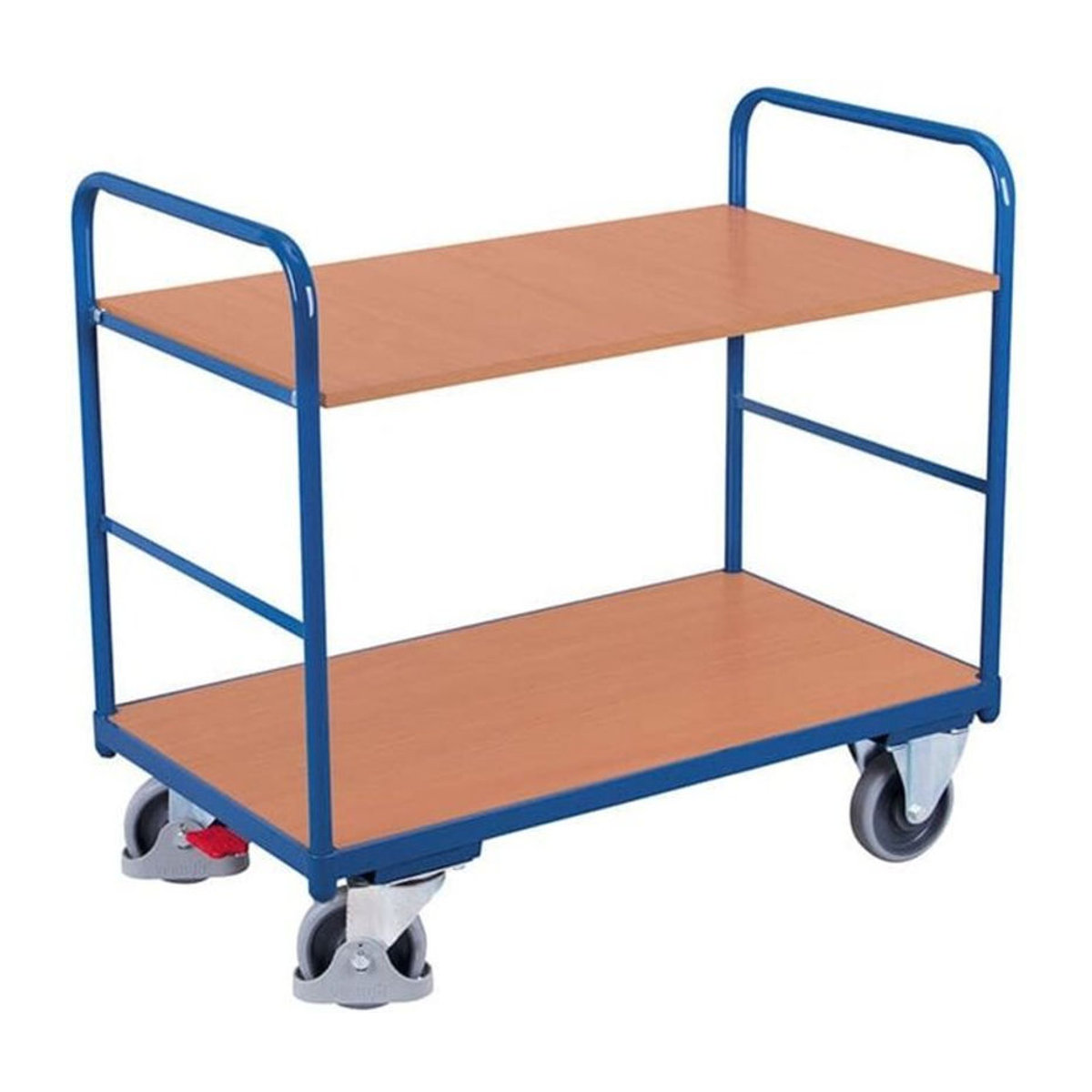 VARIOfit Etagenwagen mit 2 Ladeflächen aus Stahl und MDF-Platte, Enzianblau/Buche-Dekor, B/T: 1000 x 700 mm - Bild 1