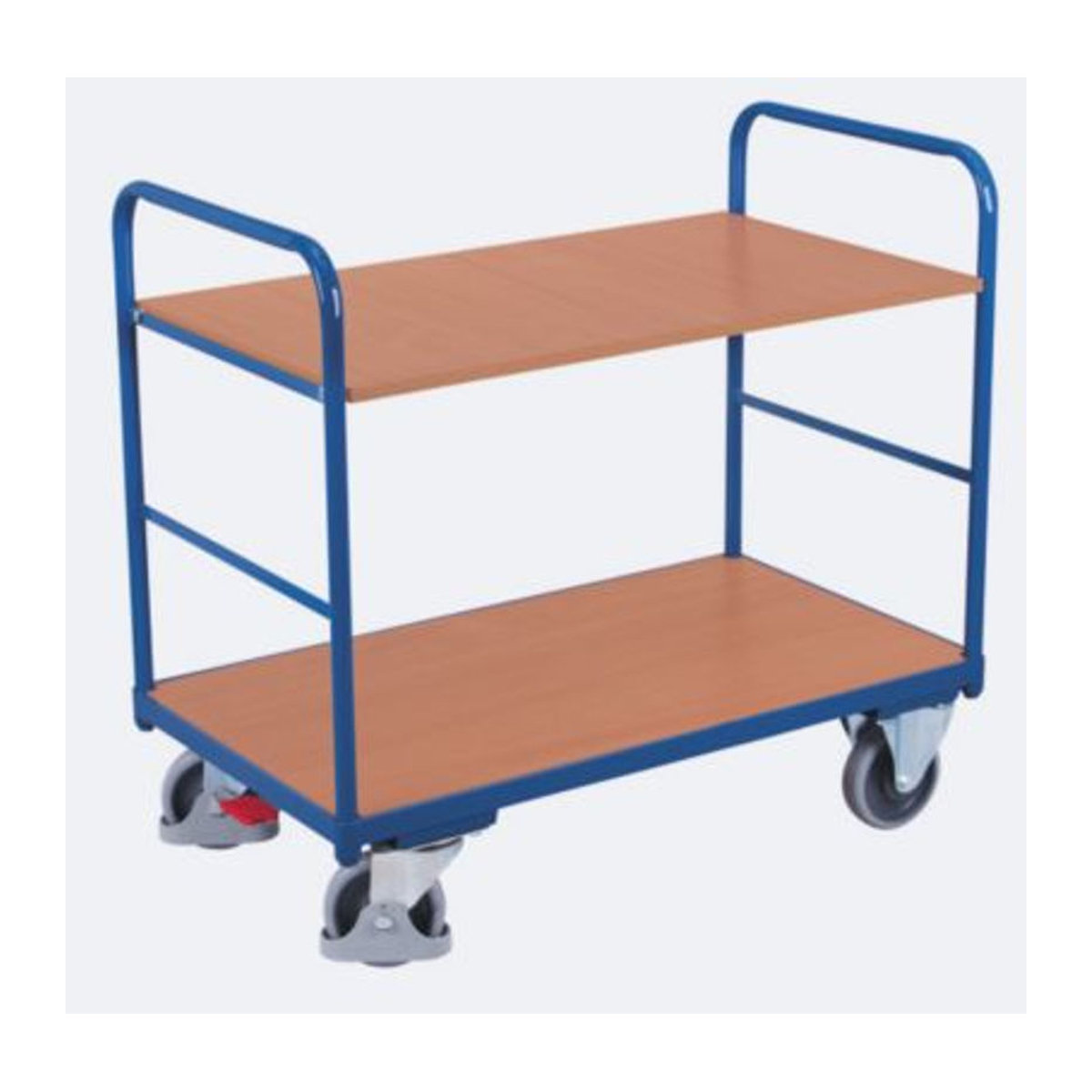 VARIOfit Etagenwagen mit 2 Ladeflächen aus Stahl und MDF-Platte, Enzianblau/Buche-Dekor, B/T: 1000 x 700 mm - Bild 3