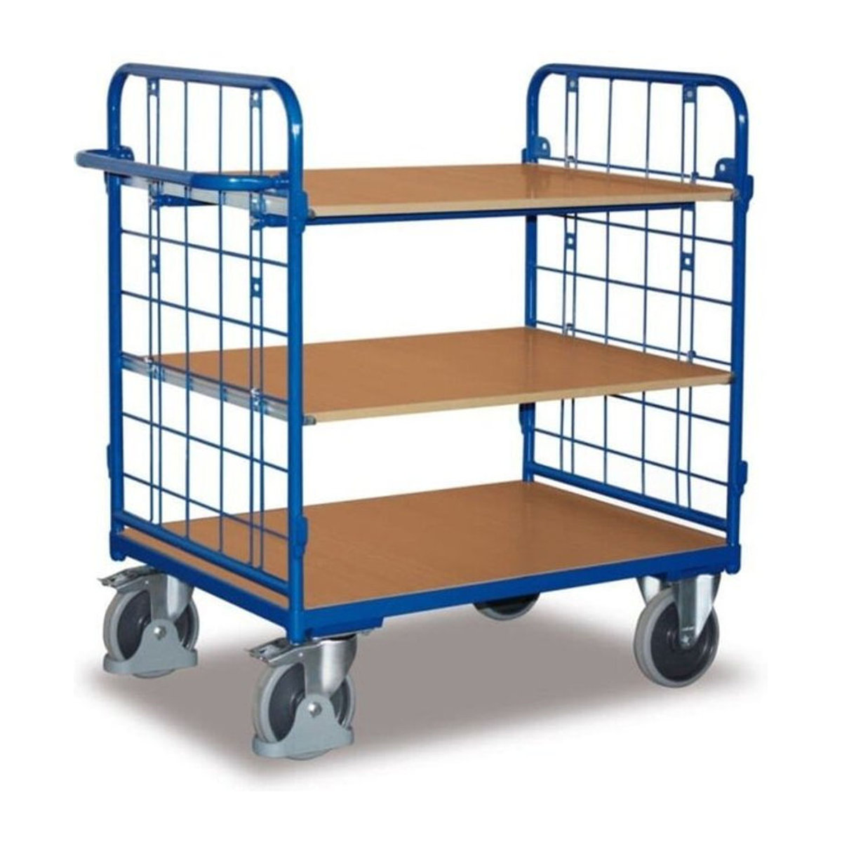 VARIOfit Etagenwagen mit 3 Etagen aus Stahl und MDF-Platte, Enzianblau/Buche-Dekor, Stirnwände aus Drahtgitter, EasySTOP, bis 400 kg, B/T: 85 x 50 cm - Bild 1