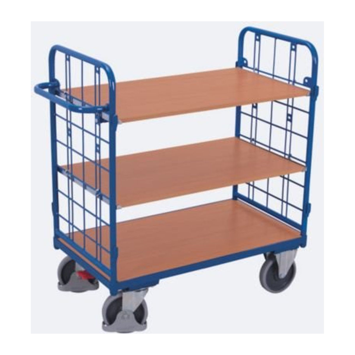 VARIOfit Etagenwagen mit 3 Etagen aus Stahl und MDF-Platte, Enzianblau/Buche-Dekor, Stirnwände aus Drahtgitter, EasySTOP, bis 400 kg, B/T: 85 x 50 cm - Bild 2