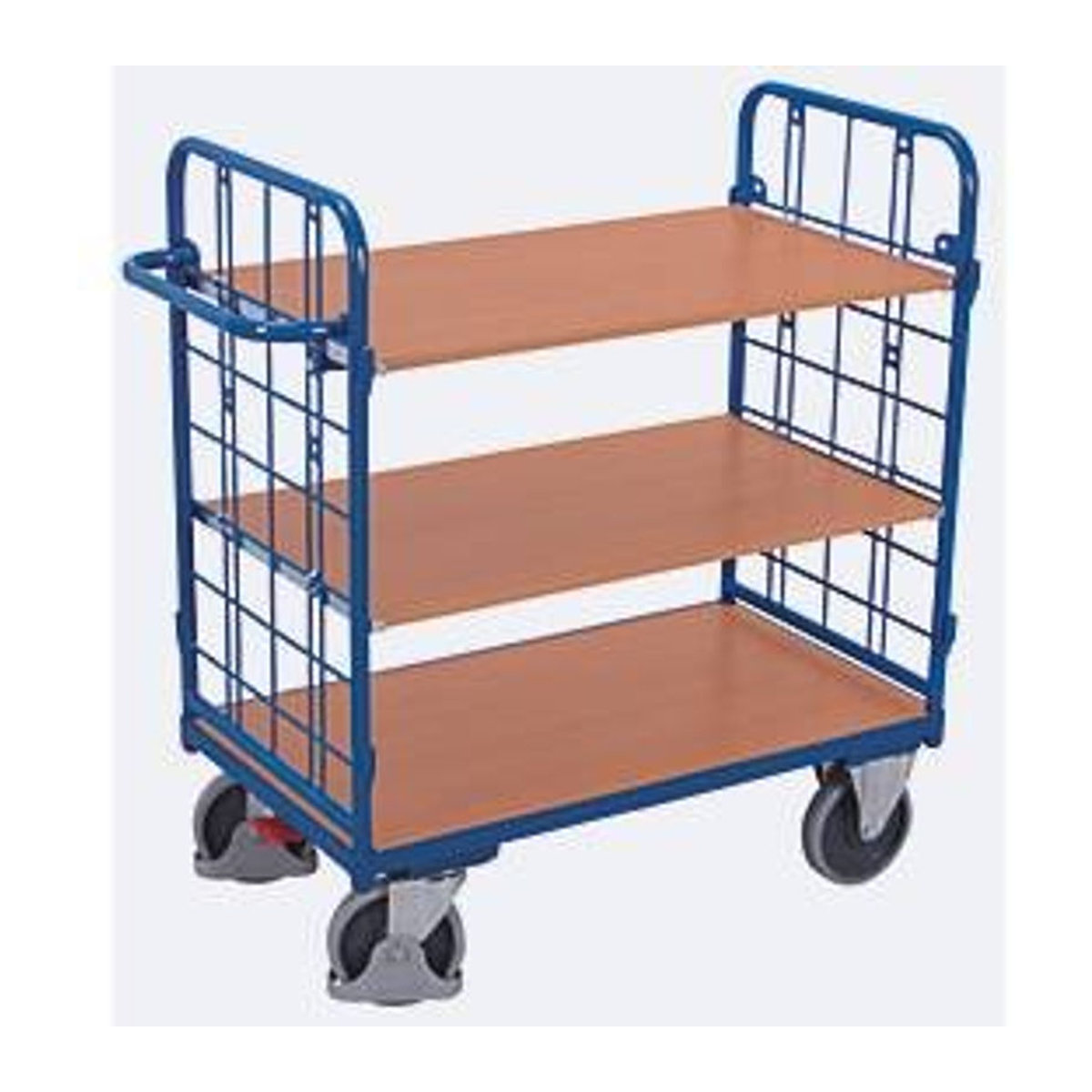 VARIOfit Etagenwagen mit 3 Etagen aus Stahl und MDF-Platte, Enzianblau/Buche-Dekor, Stirnwände aus Drahtgitter, EasySTOP, bis 400 kg, B/T: 85 x 50 cm - Bild 3