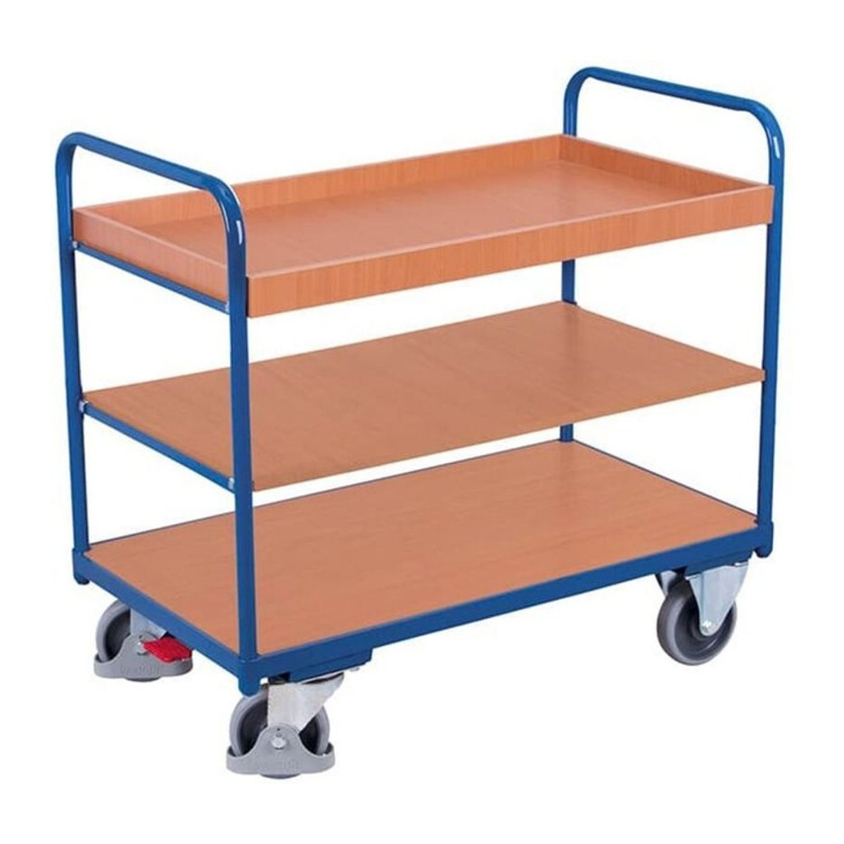 VARIOfit Etagenwagen mit 3 Ladeflächen aus Stahl und Holzwerkstoff, Enzianblau/Buche-Dekor, B/T: 1000 x 700 mm - Bild 1