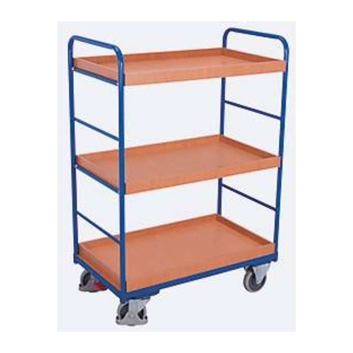 VARIOfit Etagenwagen mit 3 Ladeflächen aus Stahl und MDF-Platte, Enzianblau/Buche-Dekor, B: 116,5 cm, T: 75,5 cm - Bild 3