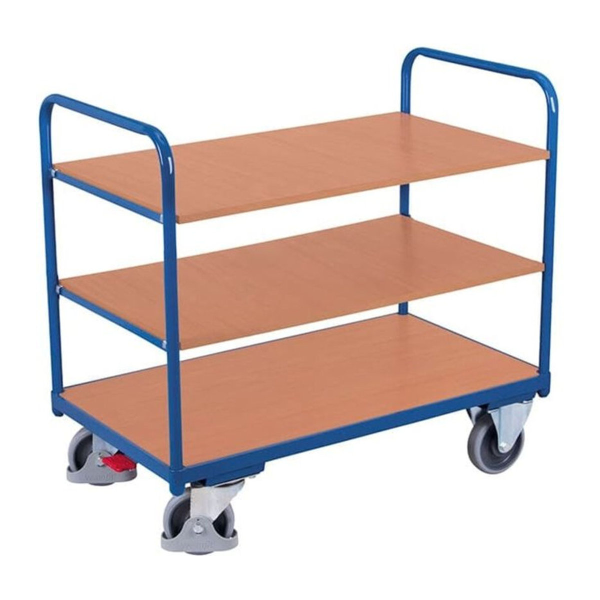 VARIOfit Etagenwagen mit 3 Ladeflächen aus Stahl und MDF-Platte, Enzianblau/Buche-Dekor, B/T: 1000 x 700 mm - Bild 1