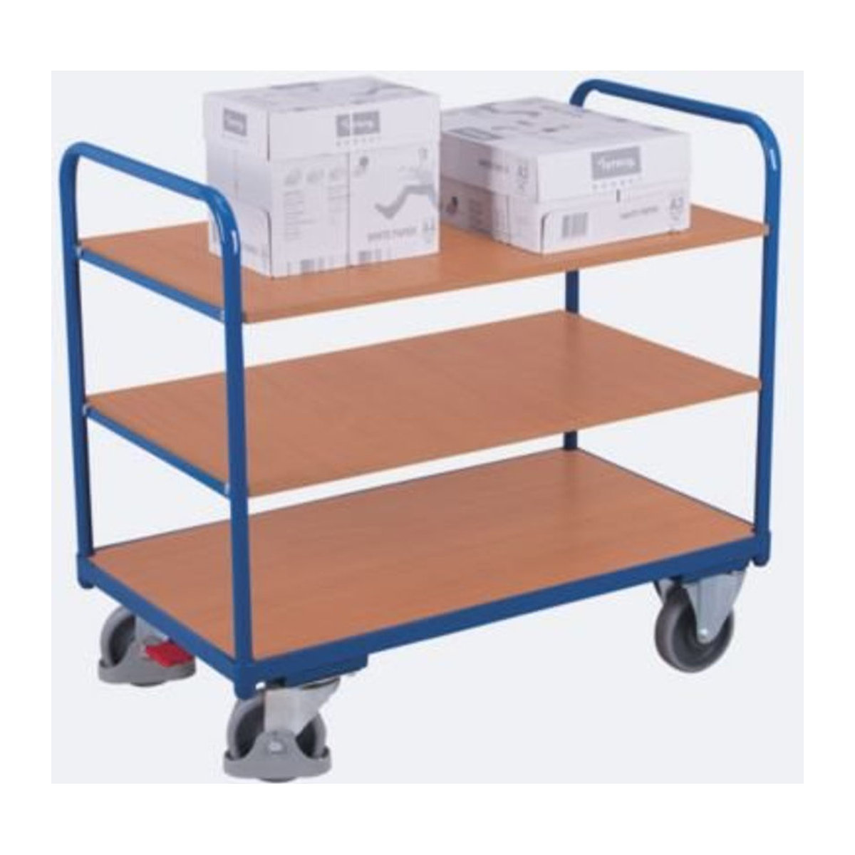VARIOfit Etagenwagen mit 3 Ladeflächen aus Stahl und MDF-Platte, Enzianblau/Buche-Dekor, B/T: 1000 x 700 mm - Bild 2