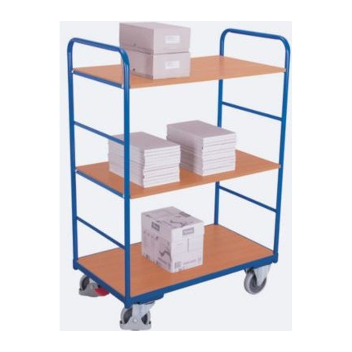 VARIOfit Etagenwagen mit 3 Ladeflächen aus Stahl und MDF-Platte, Enzianblau/Buche-Dekor, B/T: 1200 x 800 mm - Bild 2