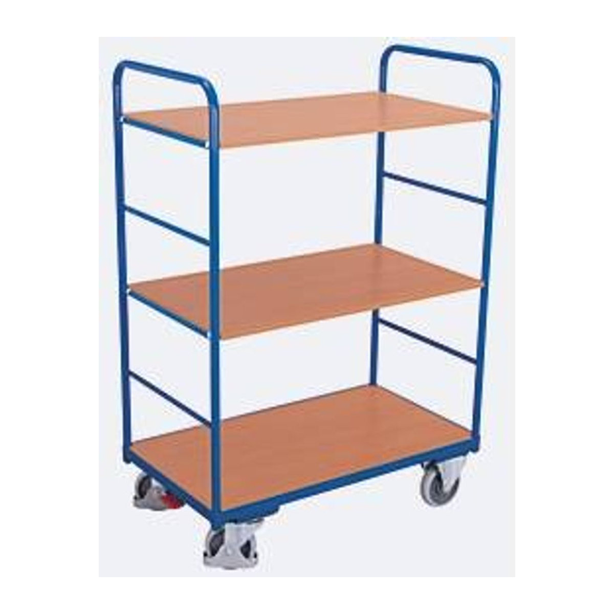 VARIOfit Etagenwagen mit 3 Ladeflächen aus Stahl und MDF-Platte, Enzianblau/Buche-Dekor, B/T: 1200 x 800 mm - Bild 3