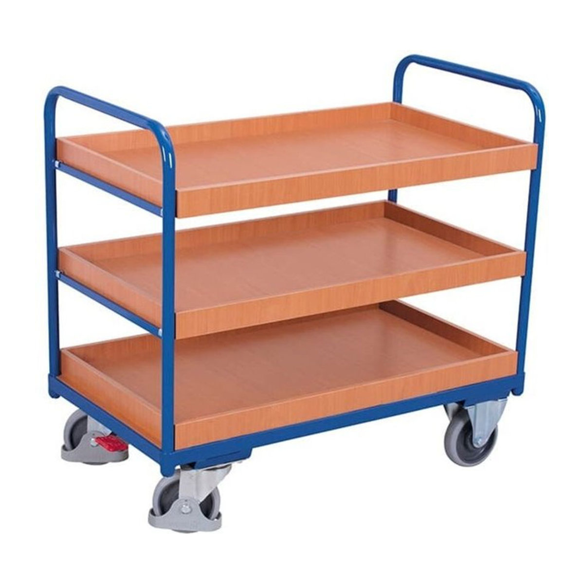 VARIOfit Etagenwagen mit 3 Ladeflächen aus Stahl und MDF-Platte, Enzianblau/Buche-Dekor, B/T: 96,5 x 65,5 cm - Bild 1