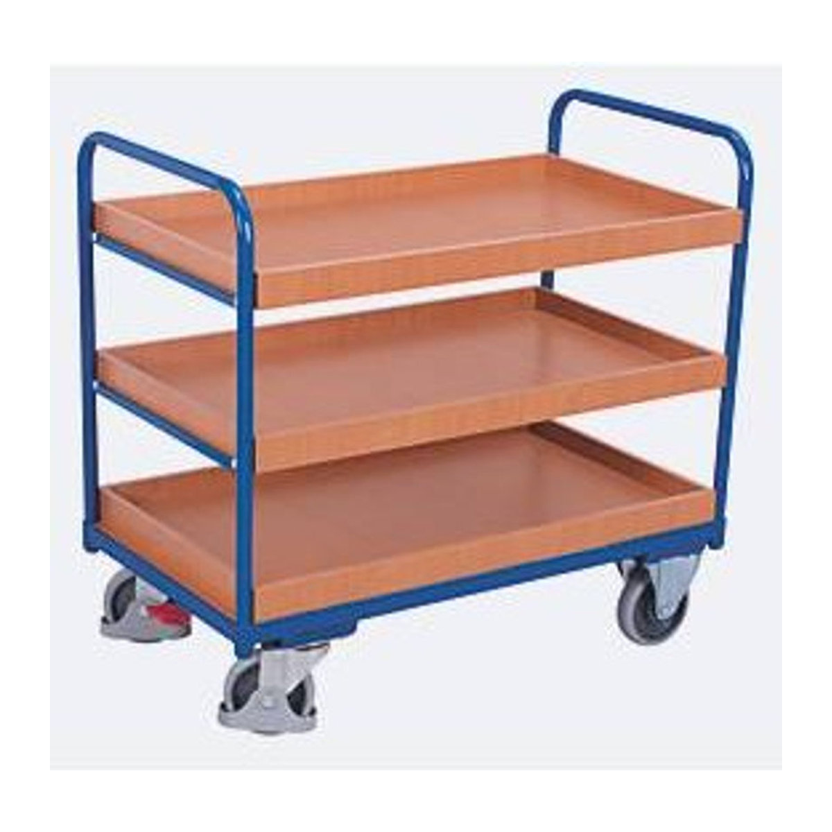 VARIOfit Etagenwagen mit 3 Ladeflächen aus Stahl und MDF-Platte, Enzianblau/Buche-Dekor, B/T: 96,5 x 65,5 cm - Bild 3
