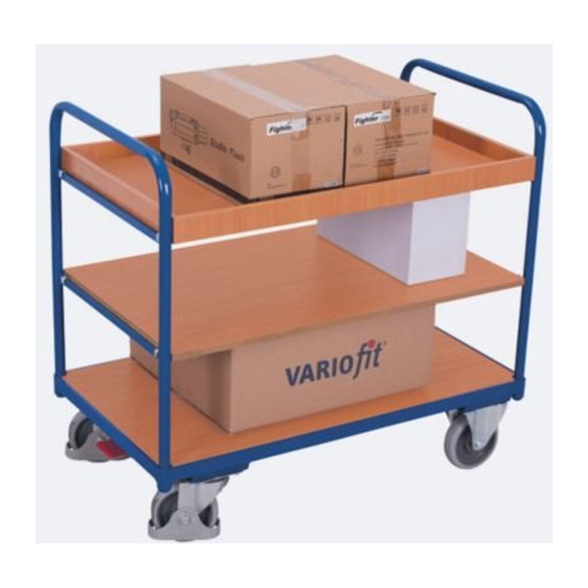 VARIOfit Etagenwagen mit 3 Ladeflächen aus Stahl und MDF-Platte in Enzianblau und Buche-Dekor, B/T: 1200 x 800 mm - Bild 2