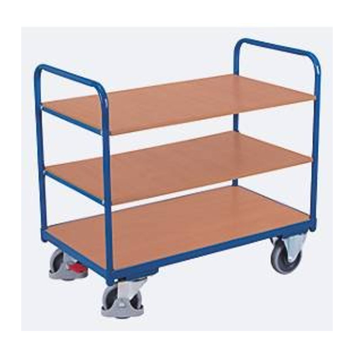 VARIOfit Etagenwagen mit 3 Ladeflächen aus Stahl und MDF-Platten, Enzianblau/Buche-Dekor, B: 100 cm, T: 60 cm - Bild 3
