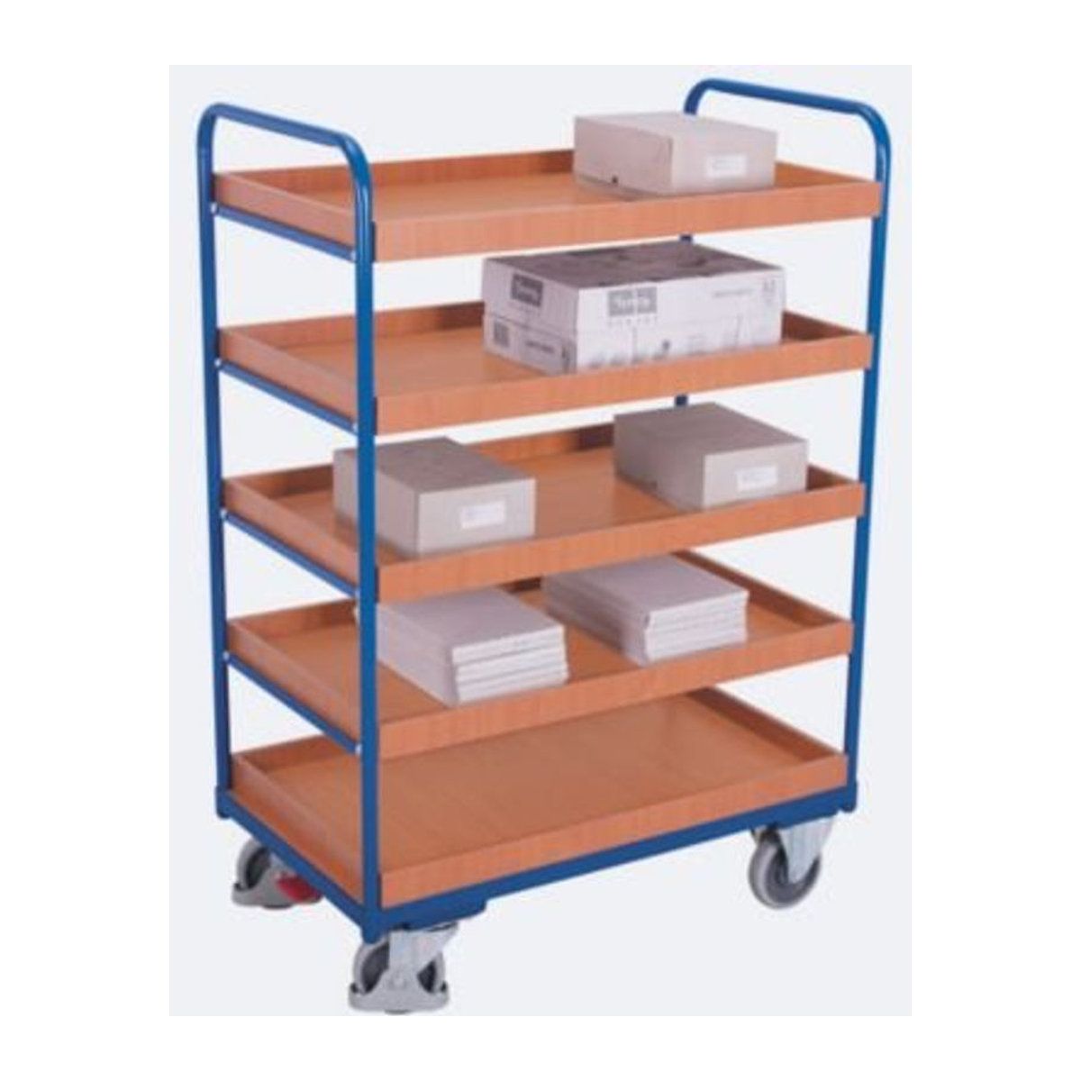 VARIOfit Etagenwagen mit 5 Ladeflächen aus Stahl und Holzwerkstoff in Enzianblau und Buche-Dekor, B/T: 116,5 x 75,5 cm - Bild 2