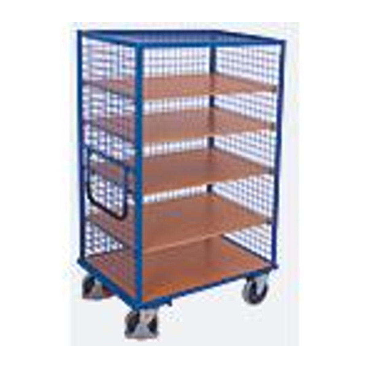VARIOfit Etagenwagen mit Drahtgitter und 5 Ladeflächen aus Stahl und MDF-Platten in Blau und Buche-Dekor, B/T: 104,5 x 68,5 cm - Bild 3
