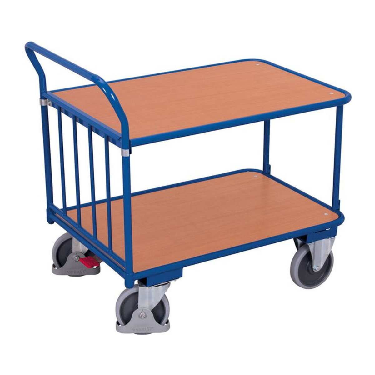 VARIOfit Schiebebügelwagen als Tischwagen mit 2 Etagen aus Stahl und MDF-Platte, Blau/Buche-Dekor, B: 49,5 cm, T: 83 cm, H: 99 cm - Bild 1
