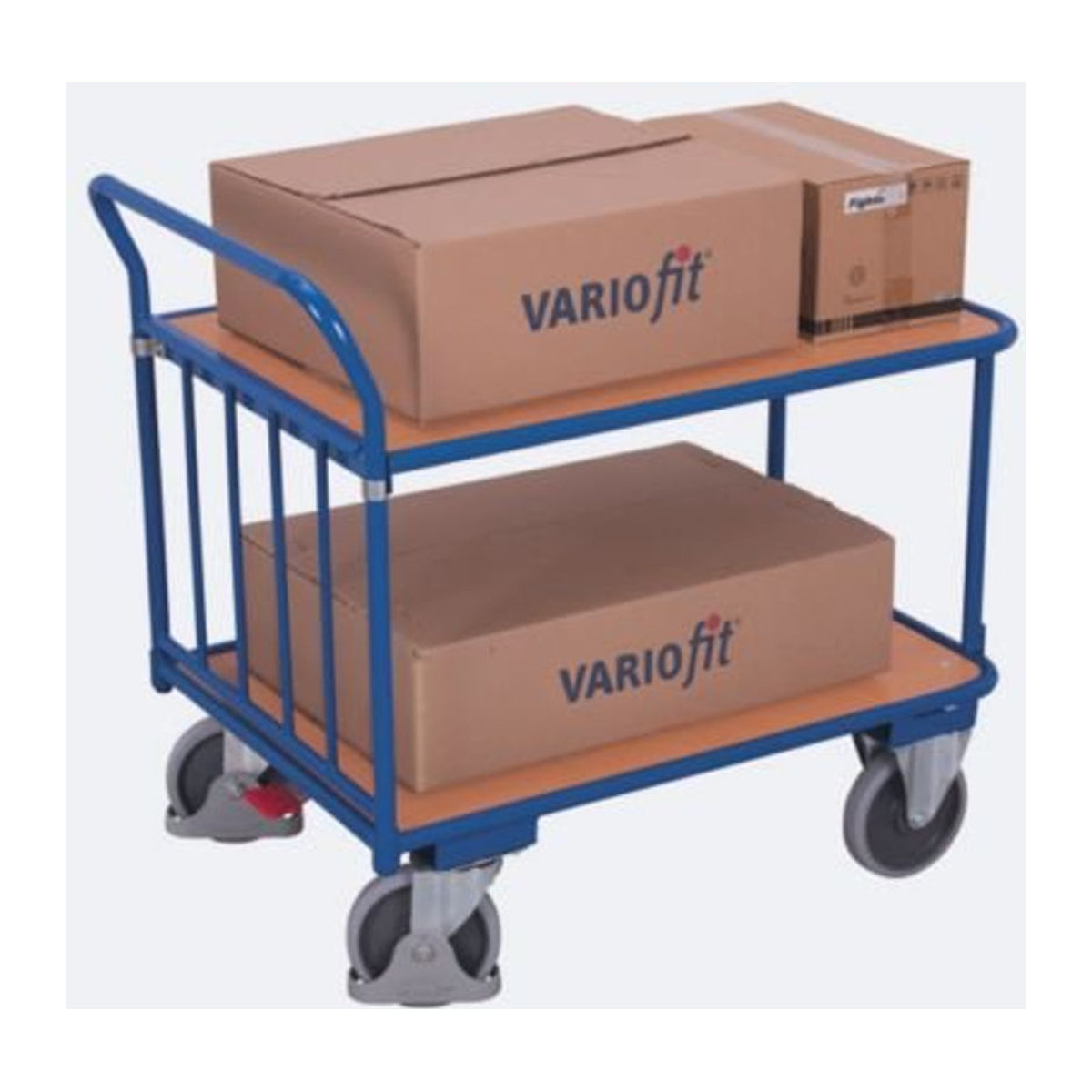 VARIOfit Schiebebügelwagen als Tischwagen mit 2 Etagen aus Stahl und MDF-Platte, Blau/Buche-Dekor, B: 49,5 cm, T: 83 cm, H: 99 cm - Bild 2