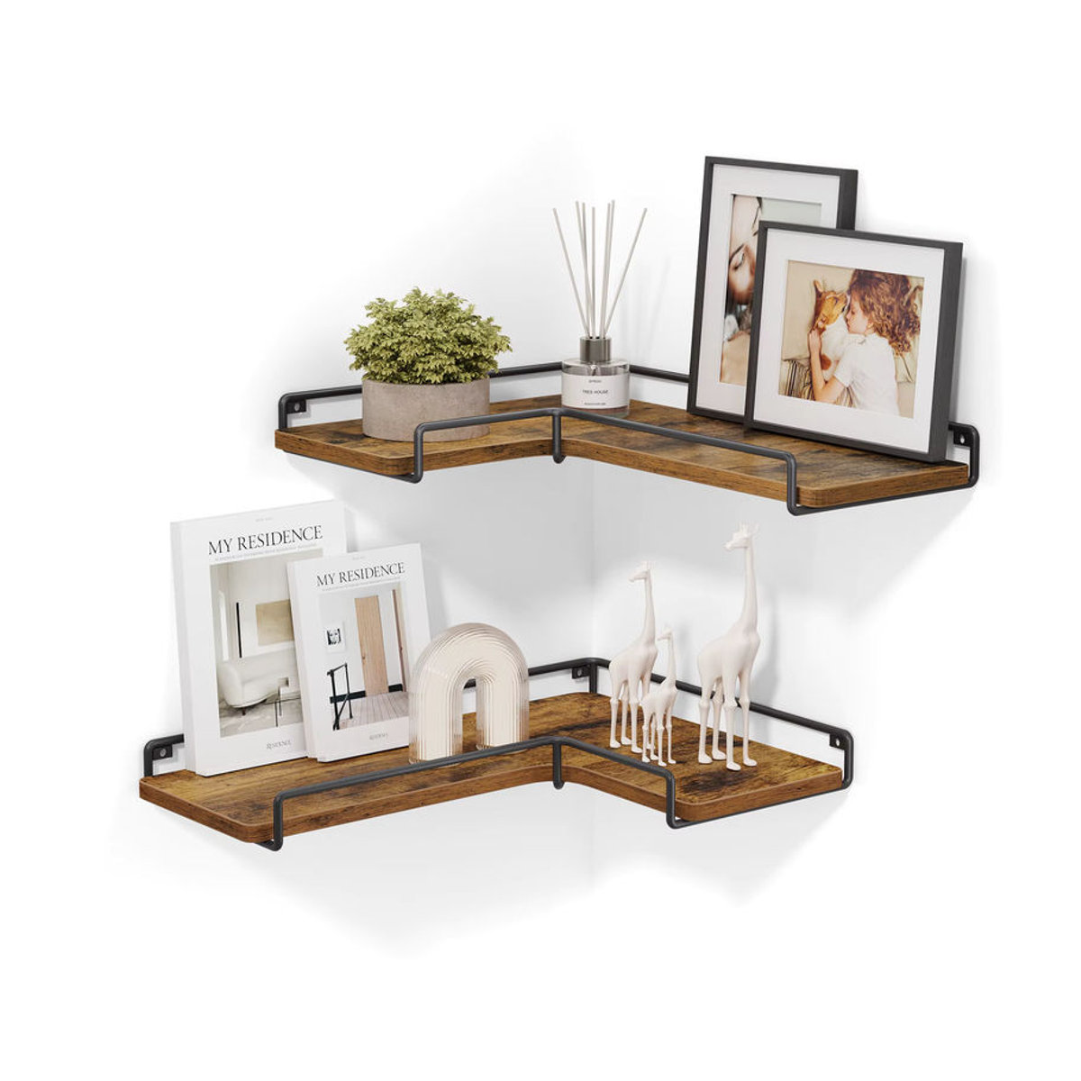 VASAGLE 2er Set L-förmiges Eckregal im Industrial-Design für die Wandmontage, Eiche Natur/Braun - Bild 2