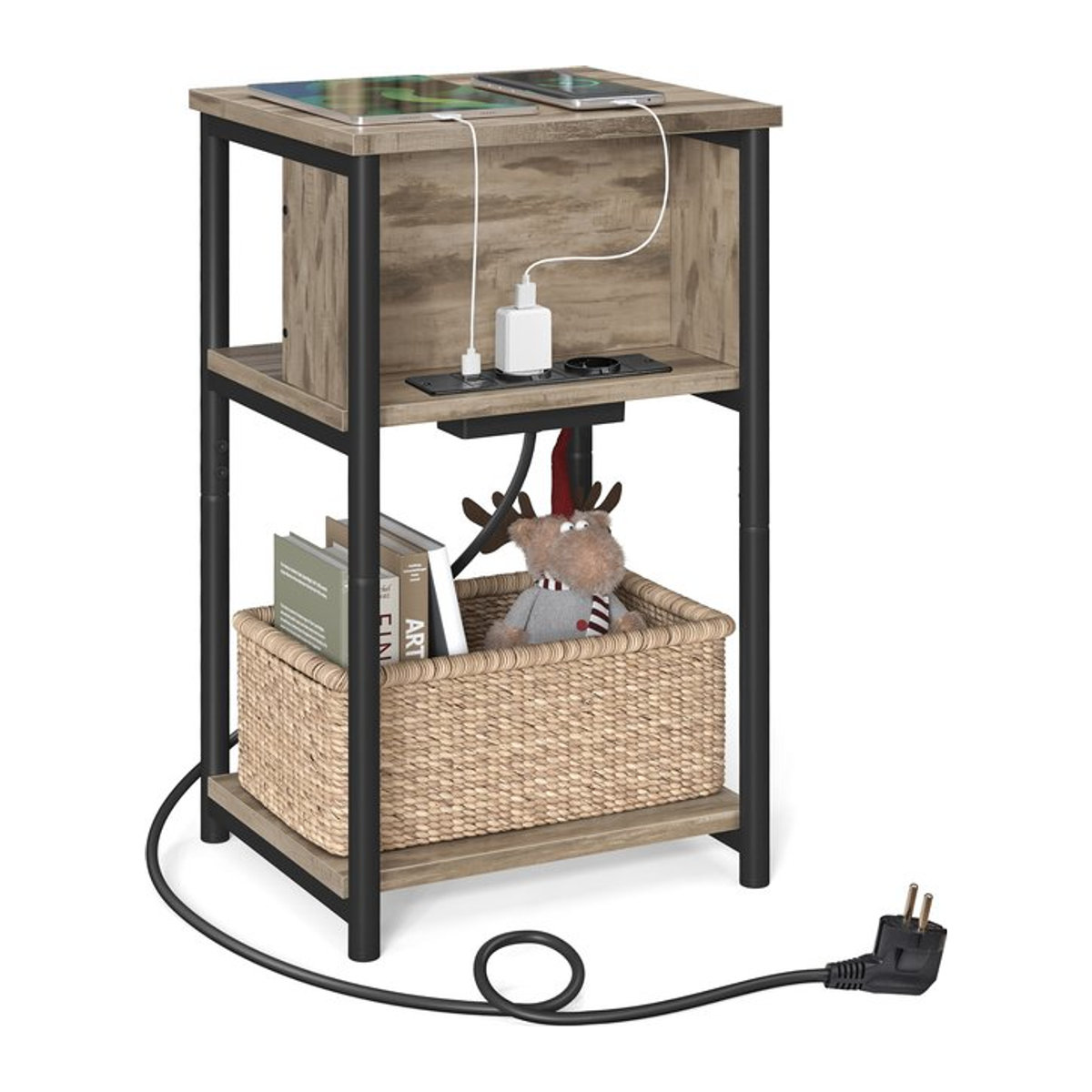 VASAGLE Beistelltisch Nachttisch mit Steckdose und USB-Anschlüssen in Haselnussbraun-Schwarz, B/T/H: 30 x 34 x 58 cm - Bild 1