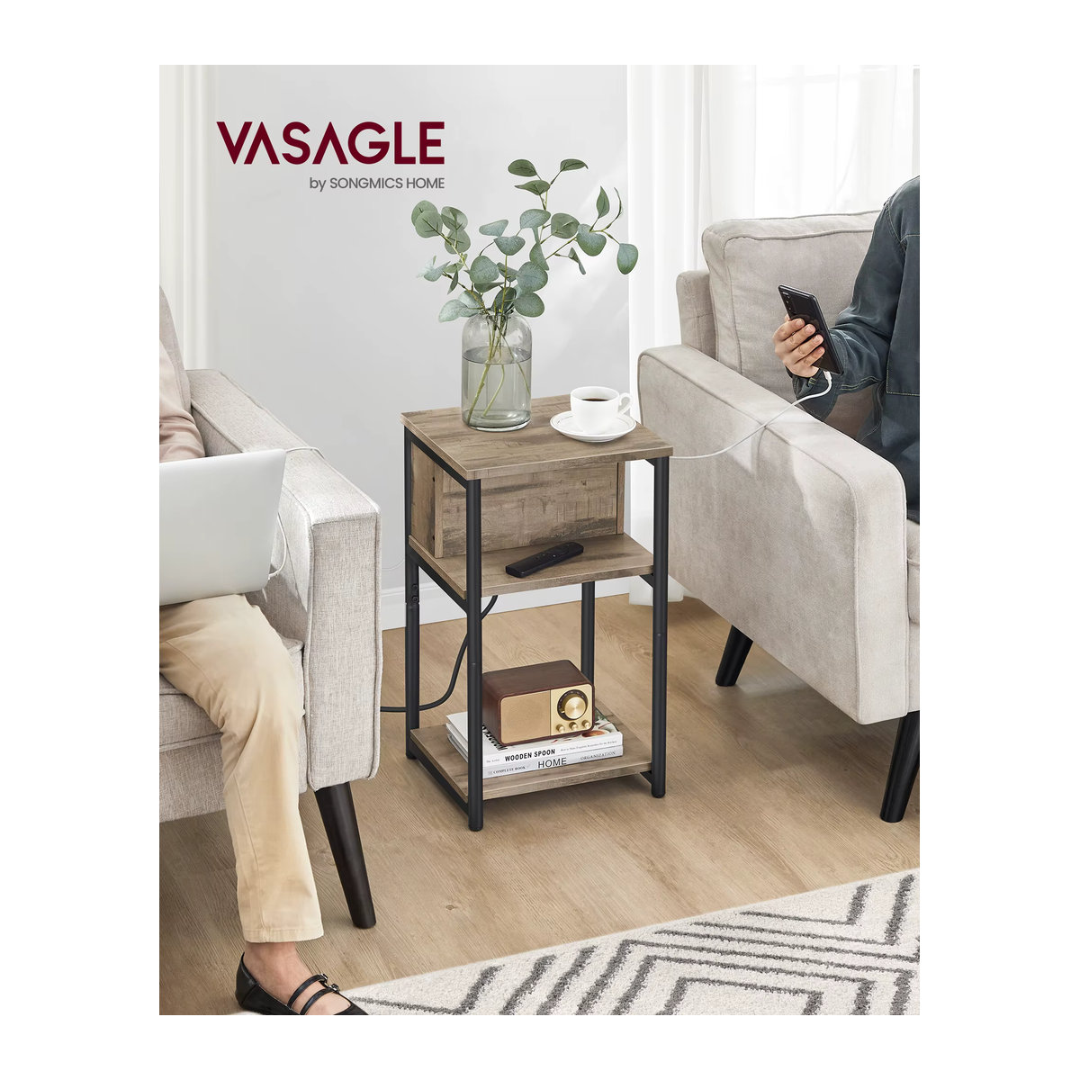 VASAGLE Beistelltisch Nachttisch mit Steckdose und USB-Anschlüssen in Haselnussbraun-Schwarz, B/T/H: 30 x 34 x 58 cm - Bild 2