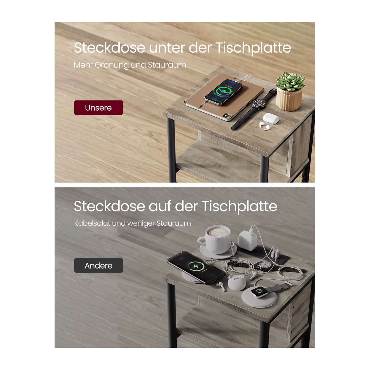 VASAGLE Beistelltisch Nachttisch mit Steckdose und USB-Anschlüssen in Haselnussbraun-Schwarz, B/T/H: 30 x 34 x 58 cm - Bild 3