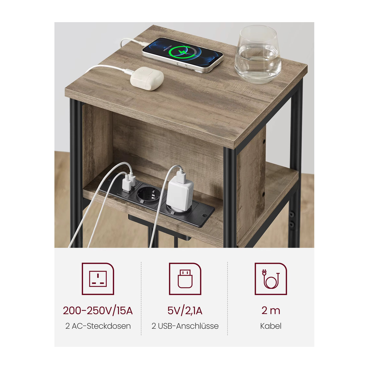 VASAGLE Beistelltisch Nachttisch mit Steckdose und USB-Anschlüssen in Haselnussbraun-Schwarz, B/T/H: 30 x 34 x 58 cm - Bild 4
