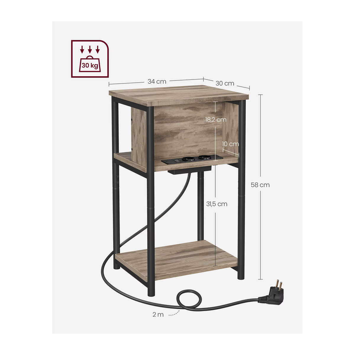 VASAGLE Beistelltisch Nachttisch mit Steckdose und USB-Anschlüssen in Haselnussbraun-Schwarz, B/T/H: 30 x 34 x 58 cm - Bild 5