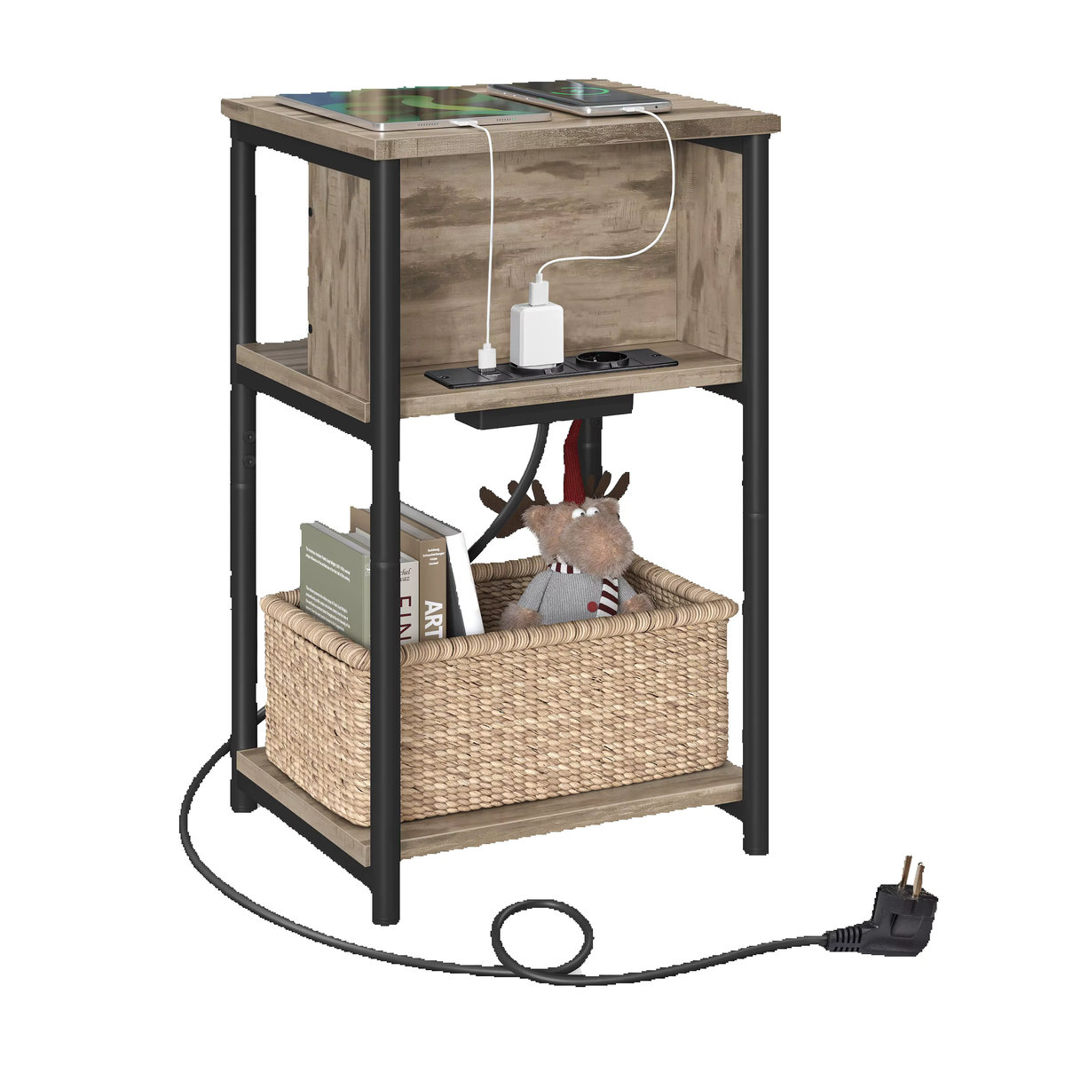 VASAGLE Beistelltisch Nachttisch mit Steckdose und USB-Anschlüssen in Haselnussbraun-Schwarz, B/T/H: 30 x 34 x 58 cm - Bild 6