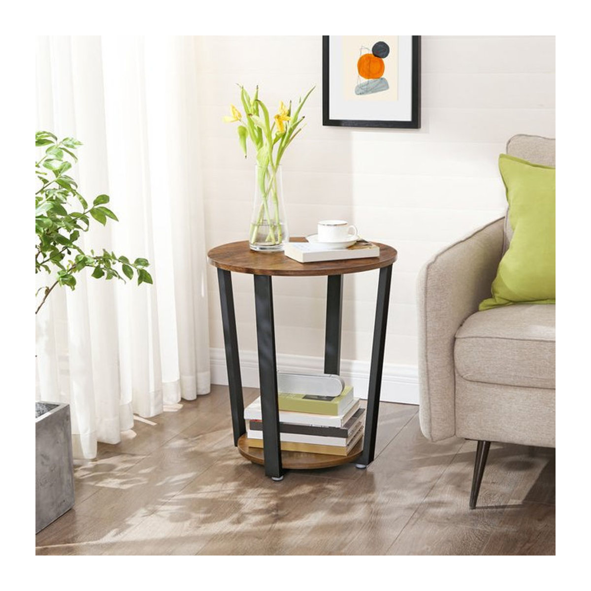 VASAGLE Beistelltisch rund im Industrial Design, Couchtisch mit Stahlgestell, Nussbaum/Schwarz, B/T/H: 50 x 50 x 57 cm - Bild 1