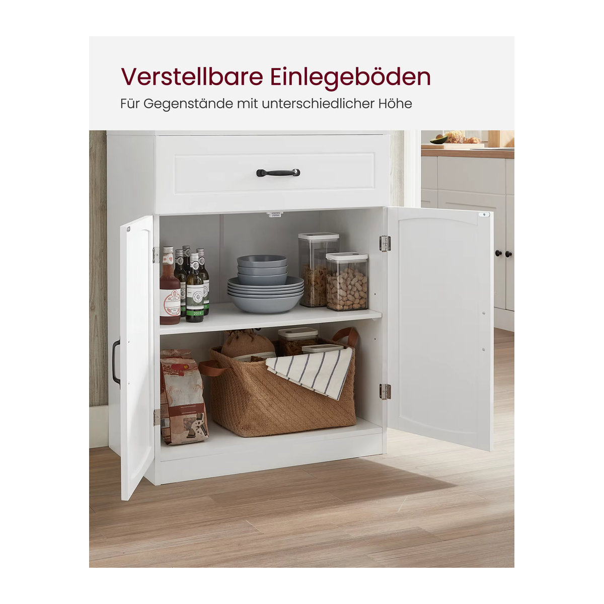 VASAGLE Buffet Mehrzweckschrank Sideboard in Weiß im Landhausstil mit Drehtüren und verstellbaren Einlegeböden - Bild 4