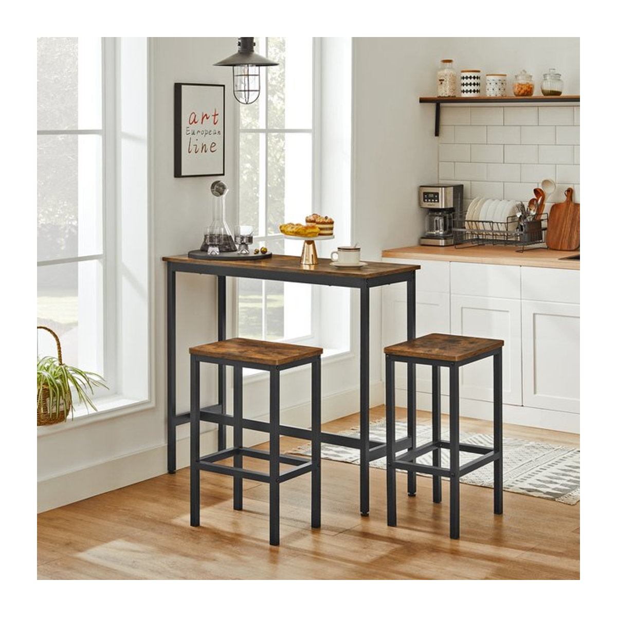 VASAGLE Essgruppe im Industrie-Design mit Bartisch und 2 Barhockern aus Stahl - Bild 1