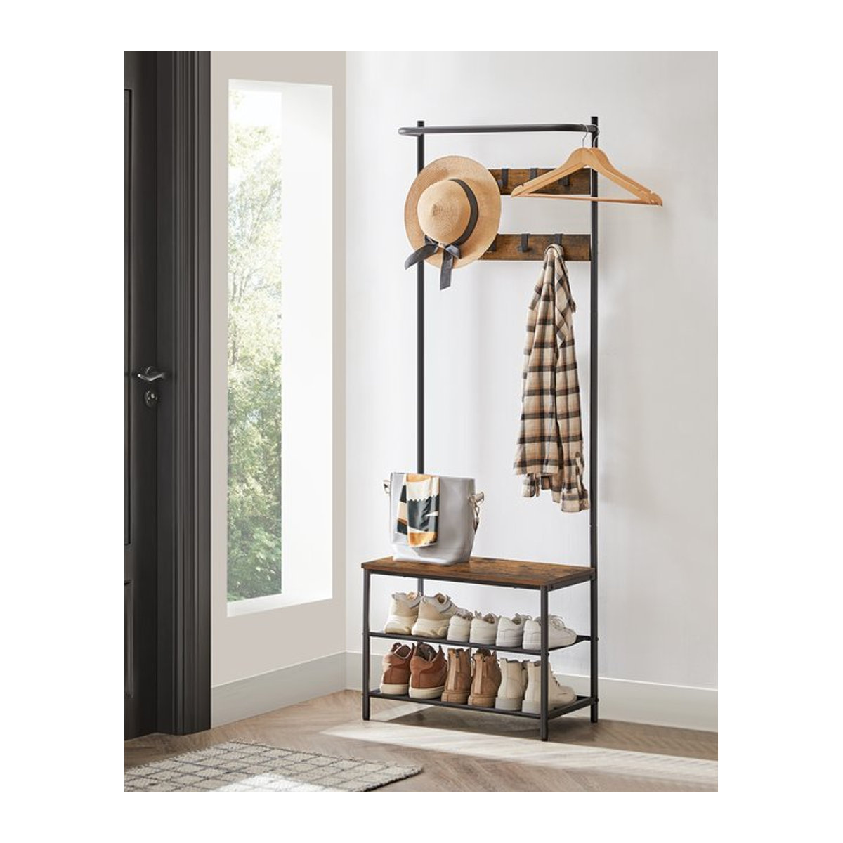 VASAGLE Garderobenset in Braun mit Schuhbank und Kleiderstange im Industrial Design, B/T/H: 32,2 x 64 x 180 cm - Bild 1