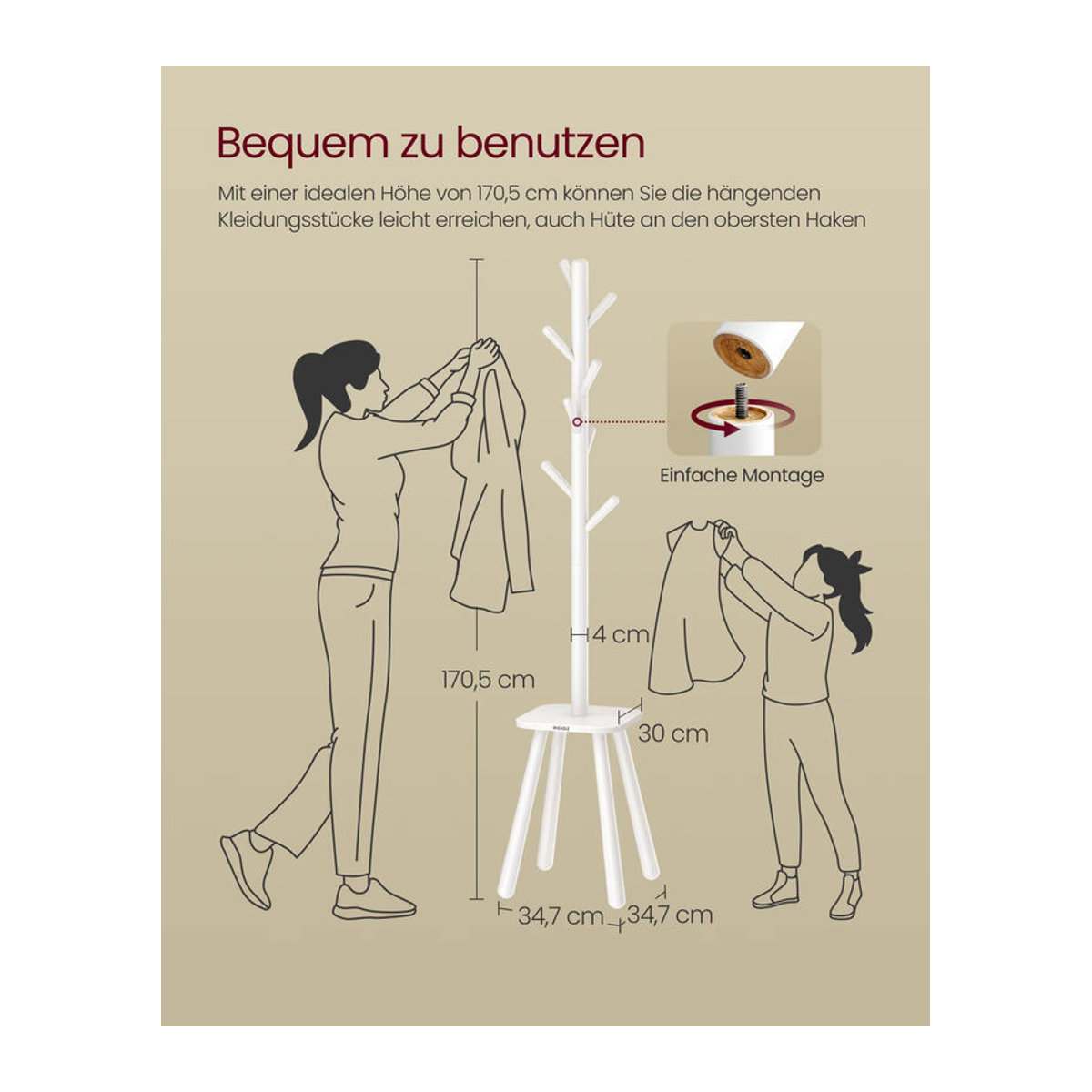 VASAGLE Garderobenständer in Weiß mit 8 Haken und Ablagefläche im minimalistischen Design - Bild 3