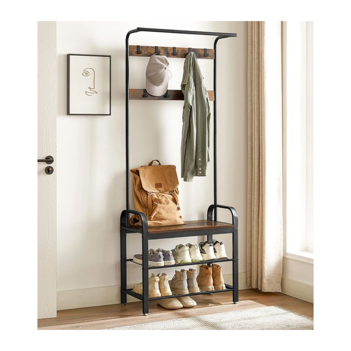VASAGLE Garderobenständer mit Schuhbank im Industrial Design, 4-in-1 Garderobe mit 9 Haken und Kleiderstange, Schwarz oder Beige, B/T/H: 33,7 x 72 x 183 cm - Bild 1