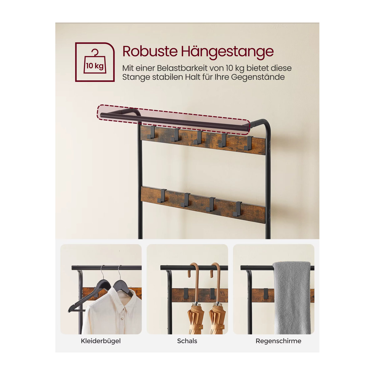VASAGLE Garderobenständer mit Schuhbank im Industrial Design, 4-in-1 Garderobe mit 9 Haken und Kleiderstange, Schwarz oder Beige, B/T/H: 33,7 x 72 x 183 cm - Bild 2