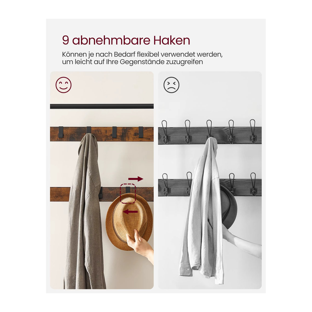 VASAGLE Garderobenständer mit Schuhbank im Industrial Design, 4-in-1 Garderobe mit 9 Haken und Kleiderstange, Schwarz oder Beige, B/T/H: 33,7 x 72 x 183 cm - Bild 3