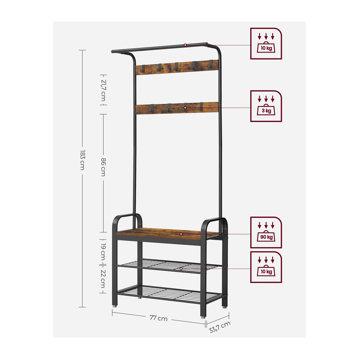 VASAGLE Garderobenständer mit Schuhbank im Industrial Design, 4-in-1 Garderobe mit 9 Haken und Kleiderstange, Schwarz oder Beige, B/T/H: 33,7 x 72 x 183 cm - Bild 4