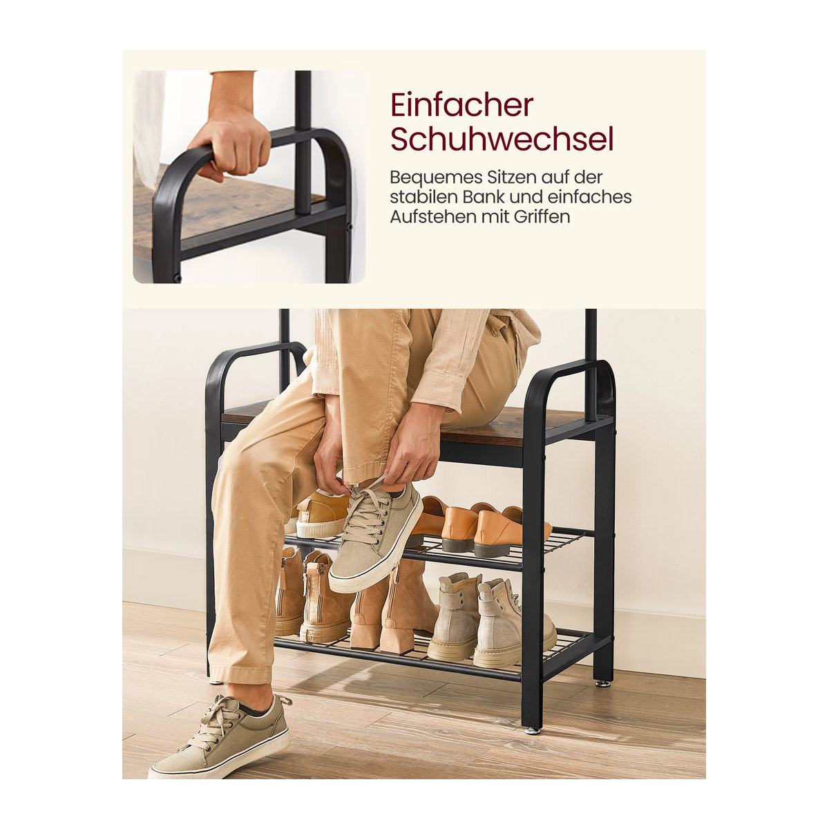VASAGLE Garderobenständer mit Schuhbank im Industrial Design, 4-in-1 Garderobe mit 9 Haken und Kleiderstange, Schwarz oder Beige, B/T/H: 33,7 x 72 x 183 cm - Bild 5