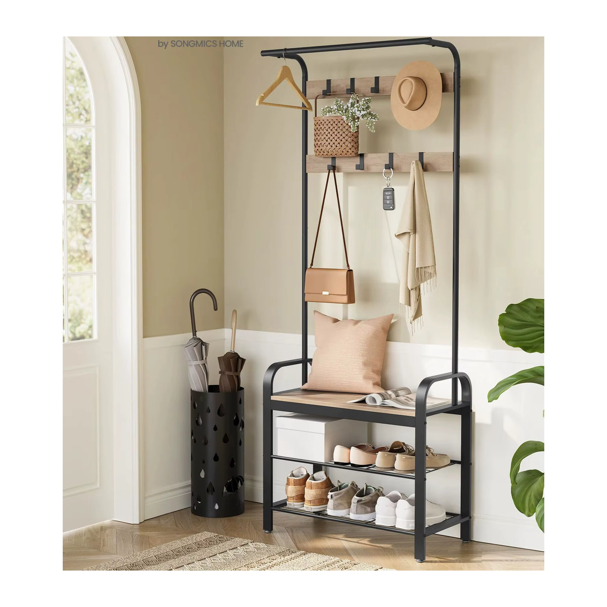 VASAGLE Garderobenständer mit Schuhbank im Industrial Design, 4-in-1 Garderobe mit 9 Haken und Kleiderstange, Schwarz oder Beige, B/T/H: 33,7 x 72 x 183 cm - Bild 6
