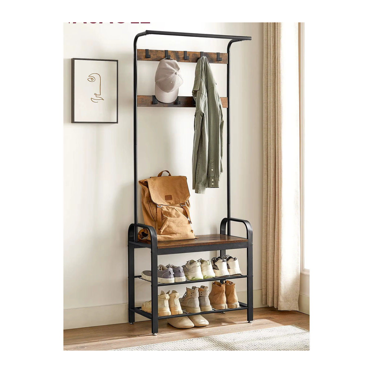 VASAGLE Garderobenständer mit Schuhbank im Industrial Design, 4-in-1 Garderobe mit 9 Haken und Kleiderstange, Schwarz oder Beige, B/T/H: 33,7 x 72 x 183 cm - Bild 7