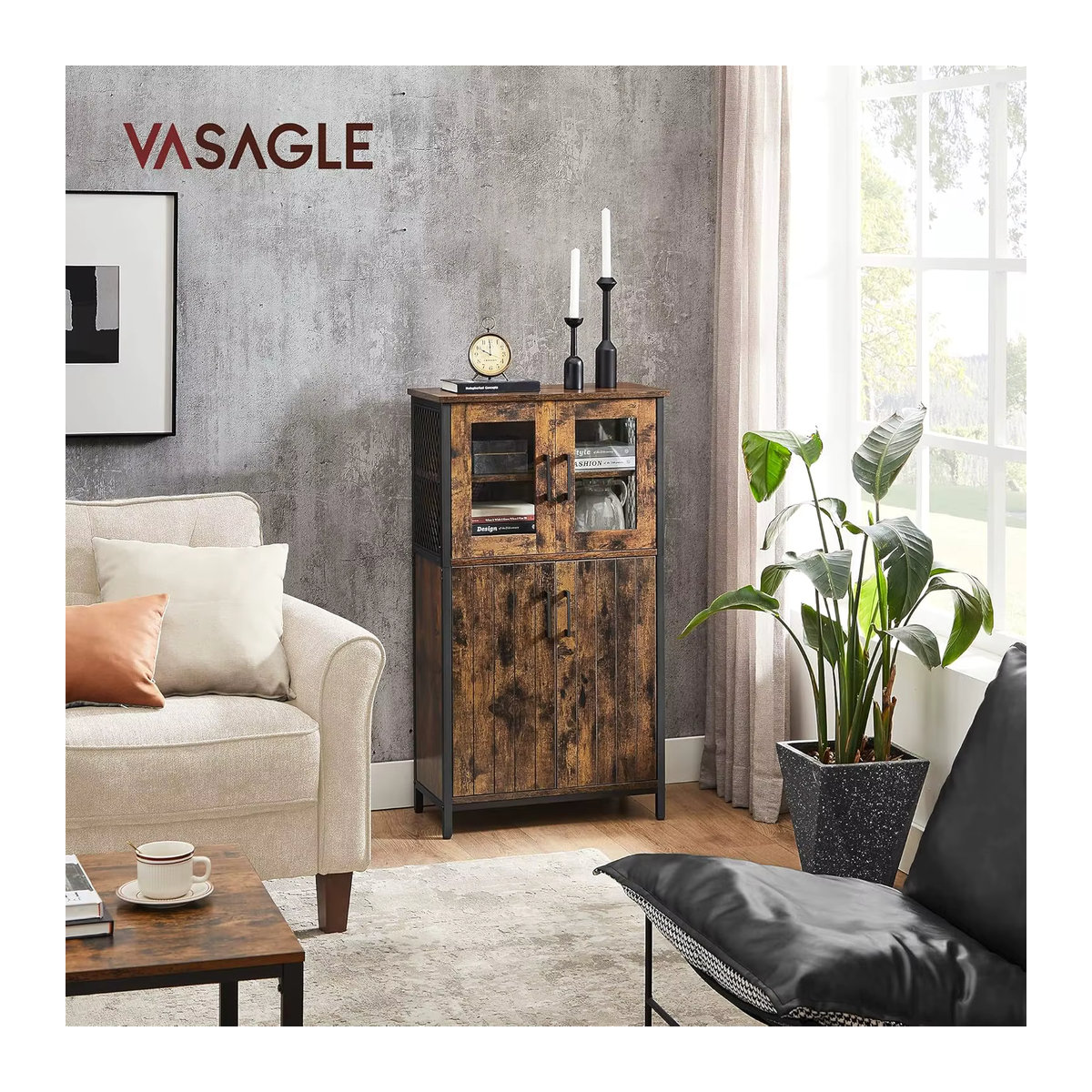 VASAGLE Highboard Küchenschrank in Nussbaum mit Stahlgestell und verstellbaren Ablagen im Industriestil, Höhe: 108 cm - Bild 2