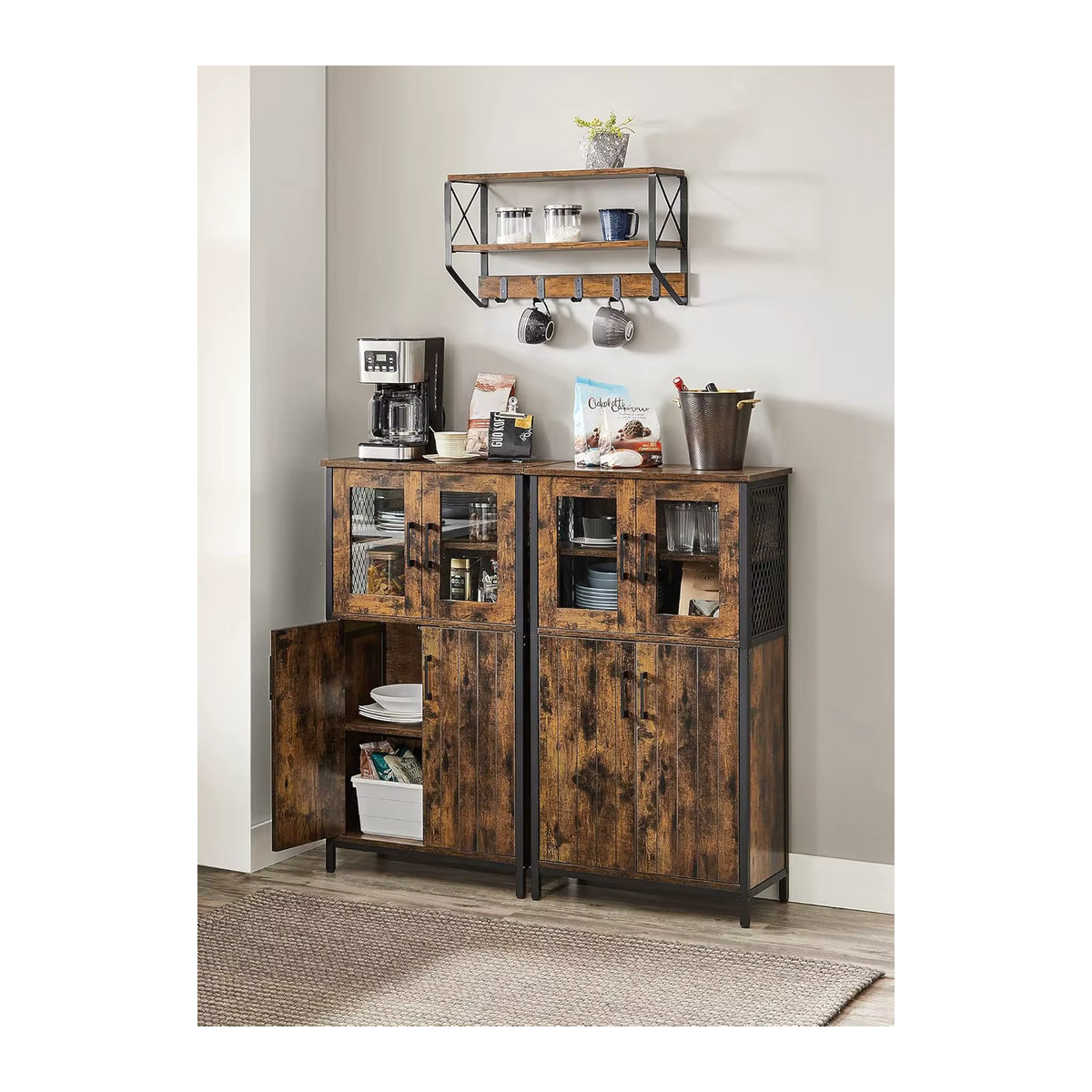 VASAGLE Highboard Küchenschrank in Nussbaum mit Stahlgestell und verstellbaren Ablagen im Industriestil, Höhe: 108 cm - Bild 3