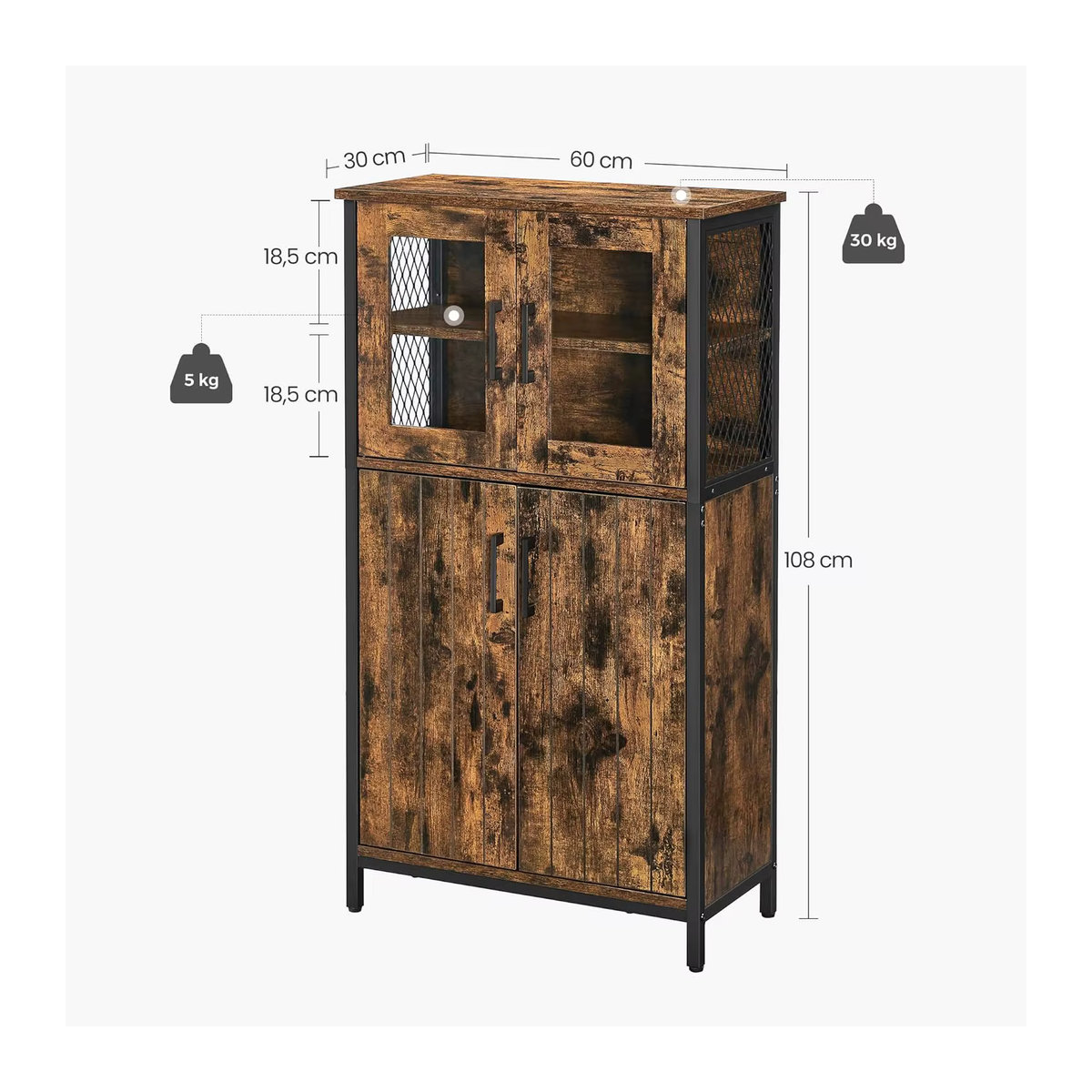 VASAGLE Highboard Küchenschrank in Nussbaum mit Stahlgestell und verstellbaren Ablagen im Industriestil, Höhe: 108 cm - Bild 5