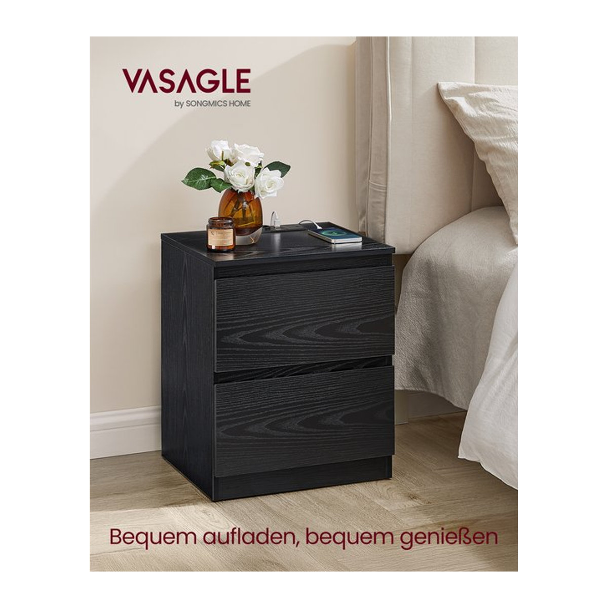 VASAGLE Nachtkastset mit 2 Schubladen und integrierten Steckdosen sowie USB-Anschlüssen, 2er Set, Modern, Schwarz oder Gelb - Bild 1